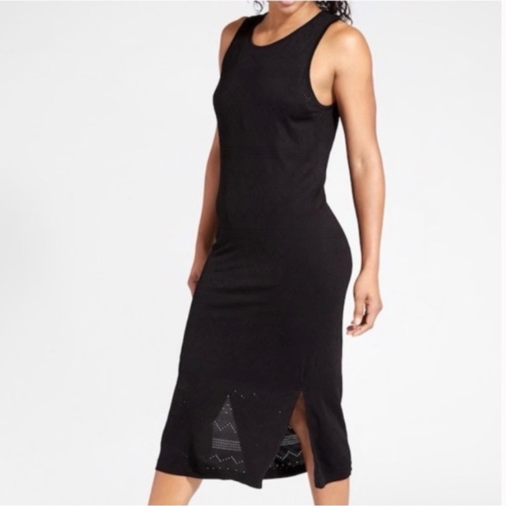 Athleta Womens Black Pointelle Knit Sleeveless Lined Midi Dress Side Slit Size M